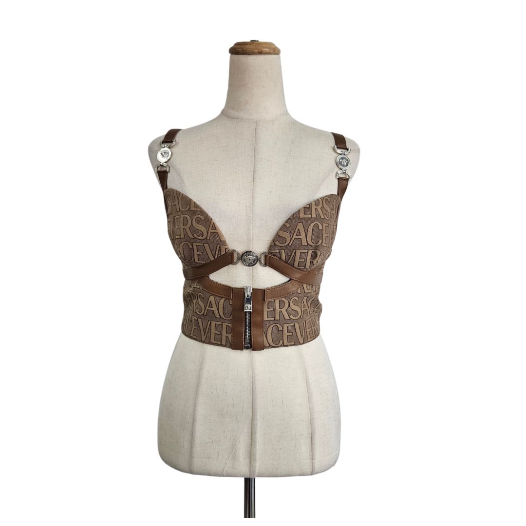 Versace Brown Allover Logo Bustier Top