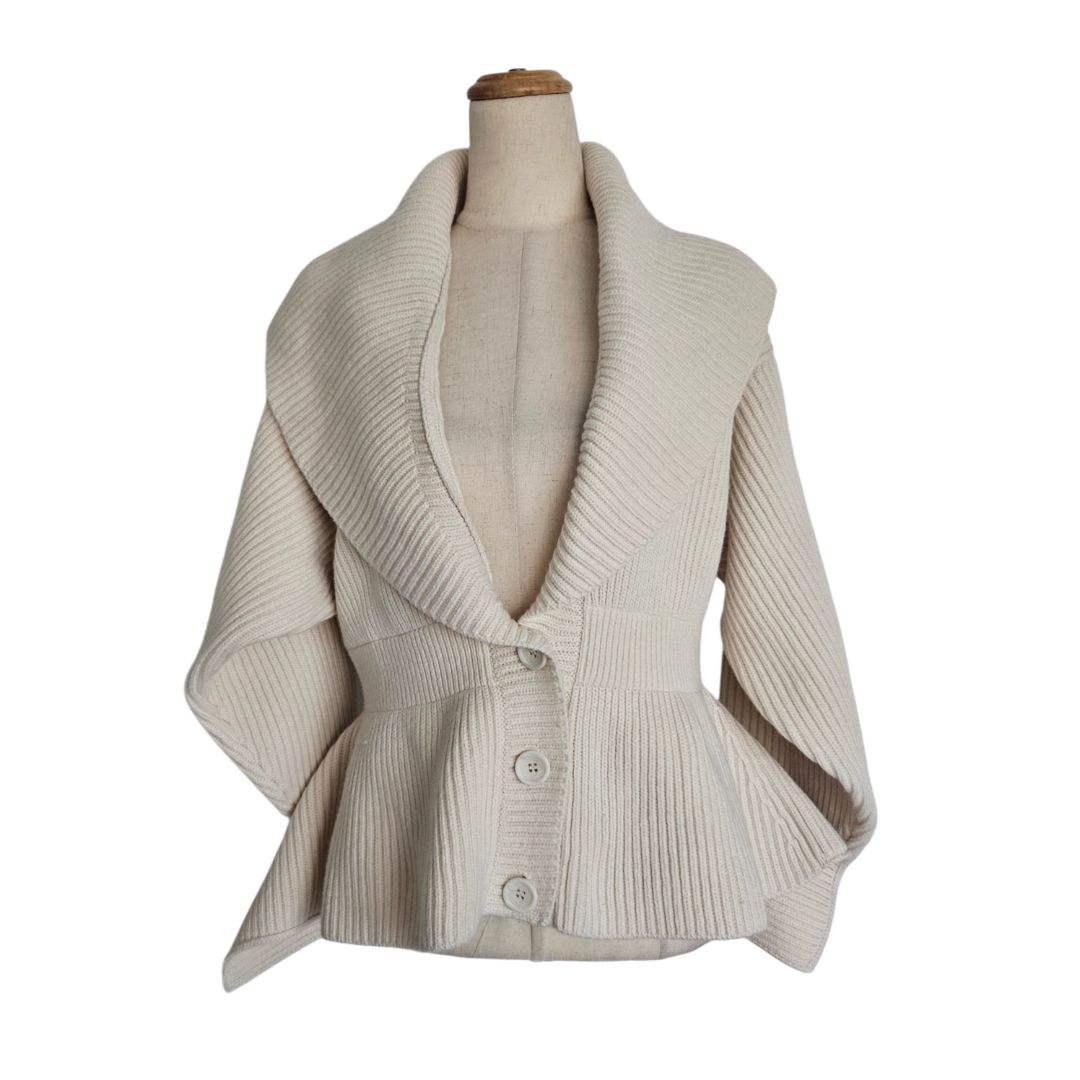 Alaia Cream Peplum Hem Ribbed Cardigan