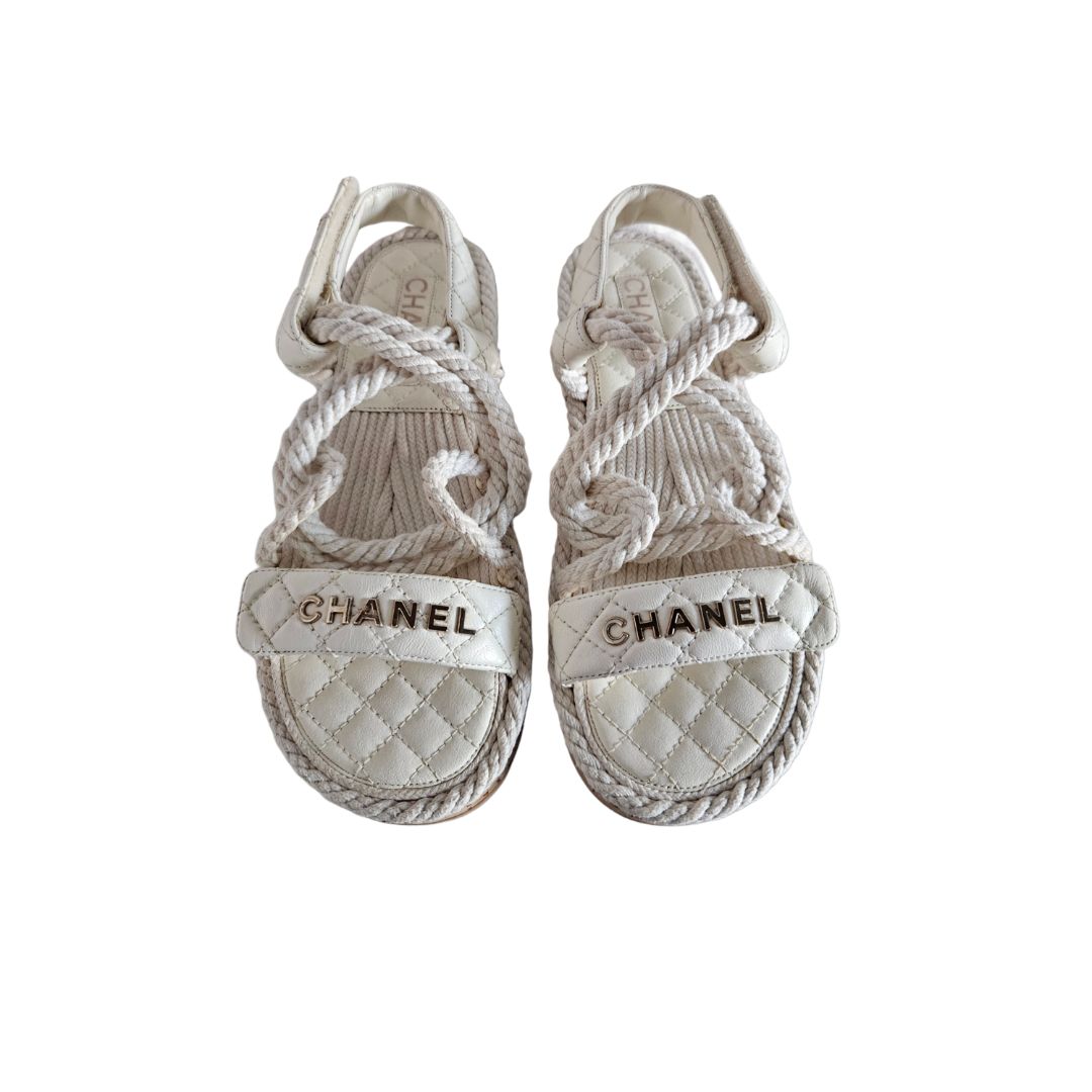 Chanel White Leather & Rope Slingback Sandal