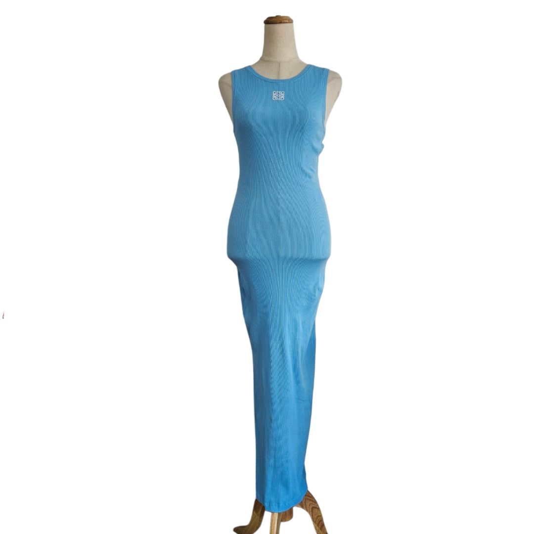 Loewe Blue Anagram Embroidered Logo Bodycon Tank Sleeveless Long Dress