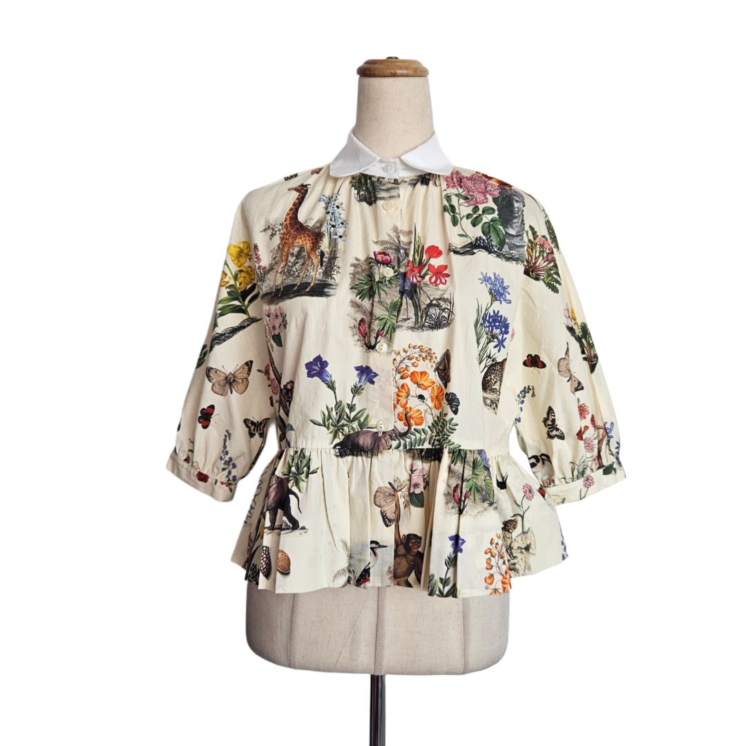 Vivetta Multicolor Floral & Animal Print Pleated Crop Shirt