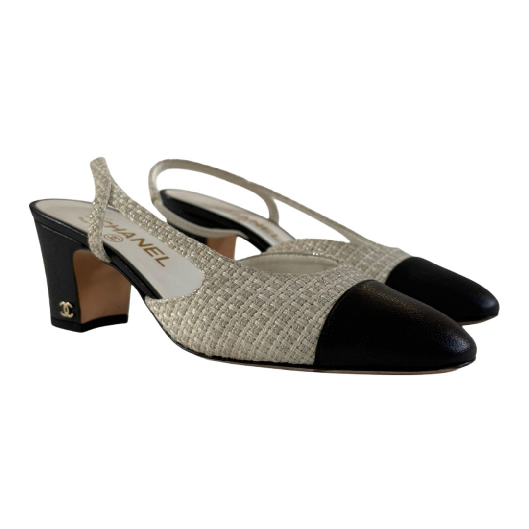 Chanel Tweed/Leather White And Silver Black Captoe Sling Back Shoes, Size 37