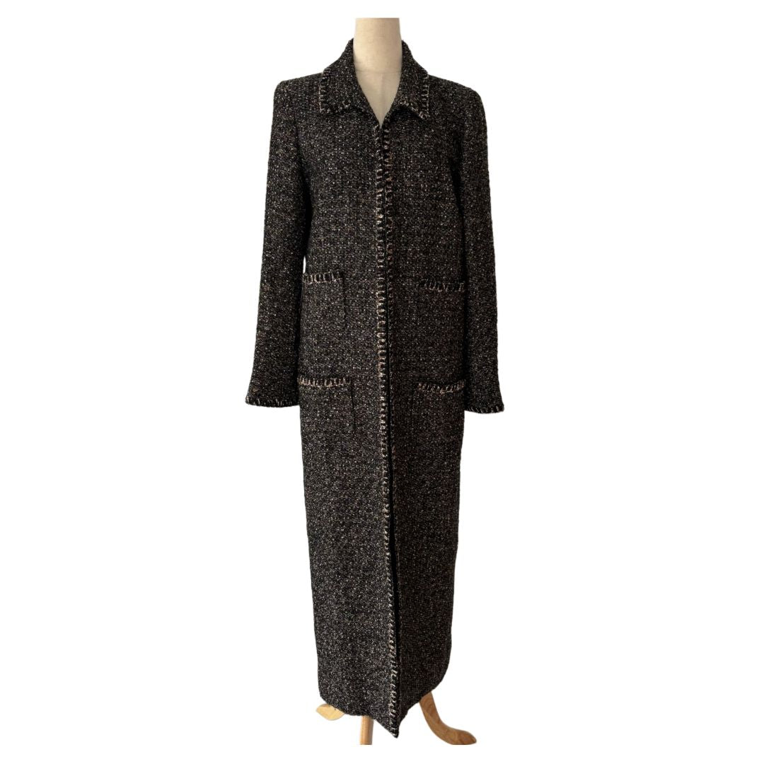 Chanel Brown Long Tweed Coat Jacket