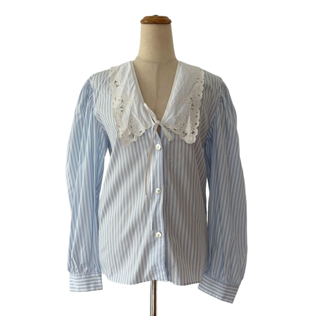 Miu Miu White/Blue Striped With Lace Lapel Top Shirt