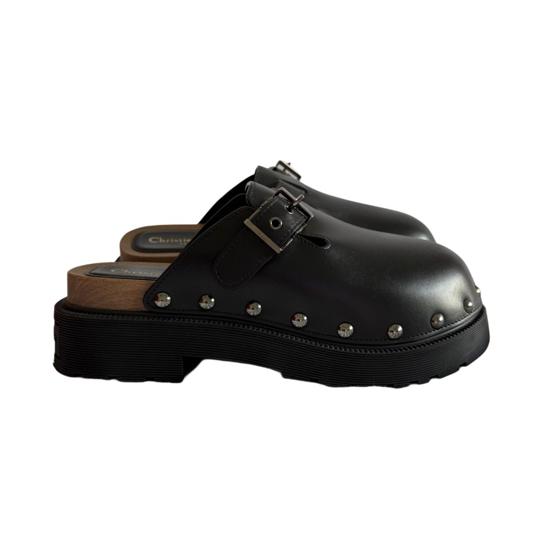 Christian Dior Black Leather Diorquak Clog Sabot Mules, Size 40