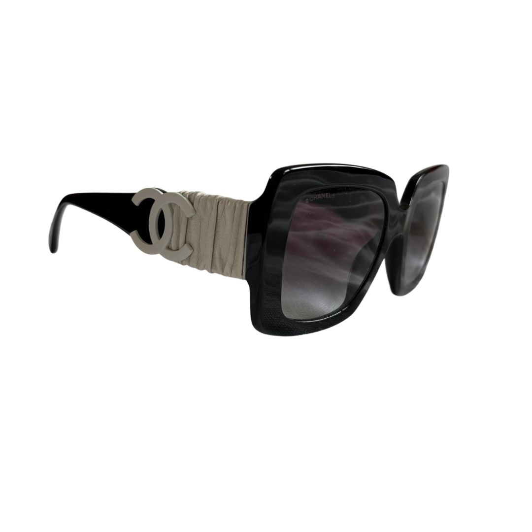 Chanel Black Oversized with Leather Pleat On Arms Sunglasses