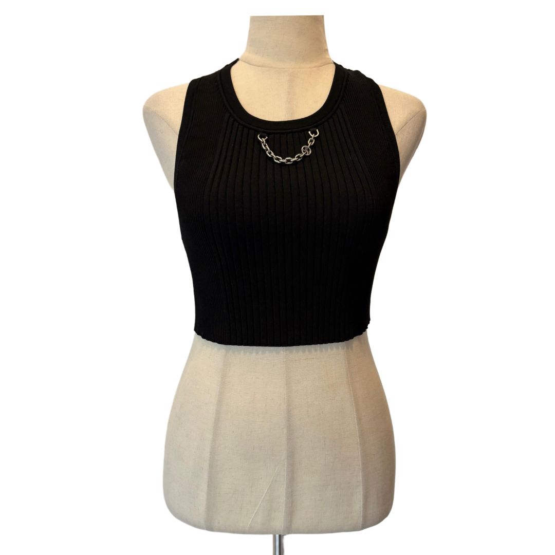 Louis Vuitton Black Ribbed Sleeveless Cropped Chain Detail Top
