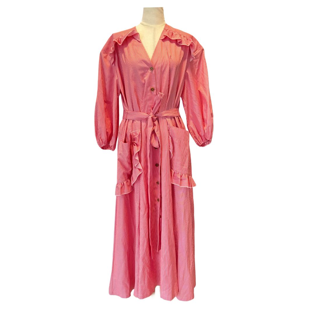 Ulyana Sergeenko White and Red Striped Maxi Belted Dress