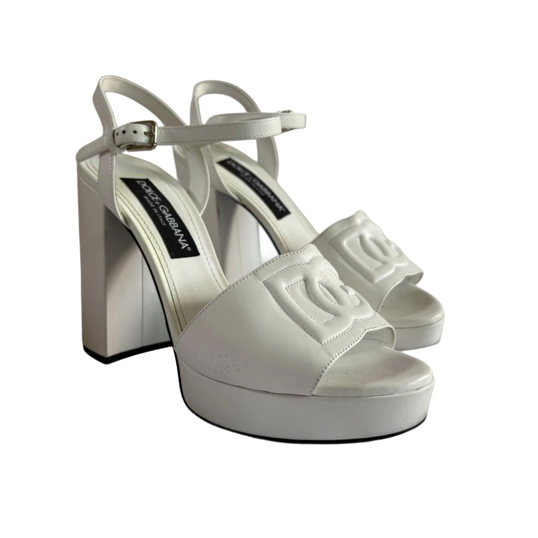 Dolce & Gabbana White Calfskin Keira Platform Sandals, Size 39.5