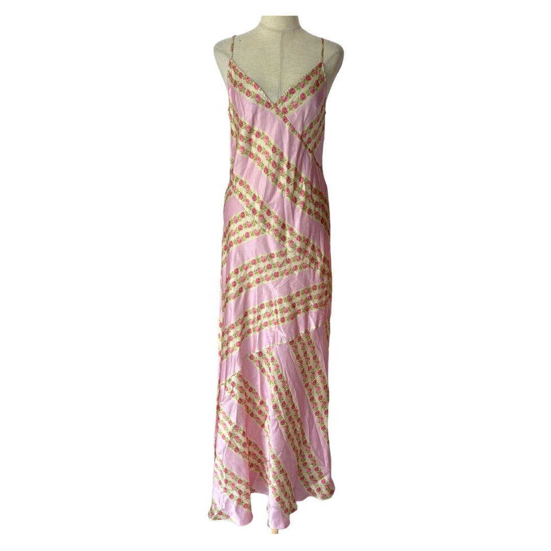 LoveShackFancy Pink Rose Print Silky Strappy Dress