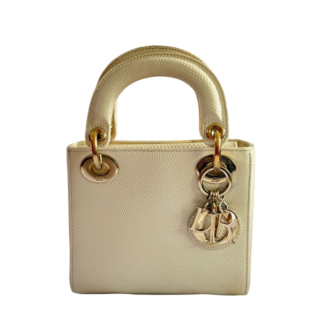 Christian Dior White Lizard Leather Mini Lady Dior Bag