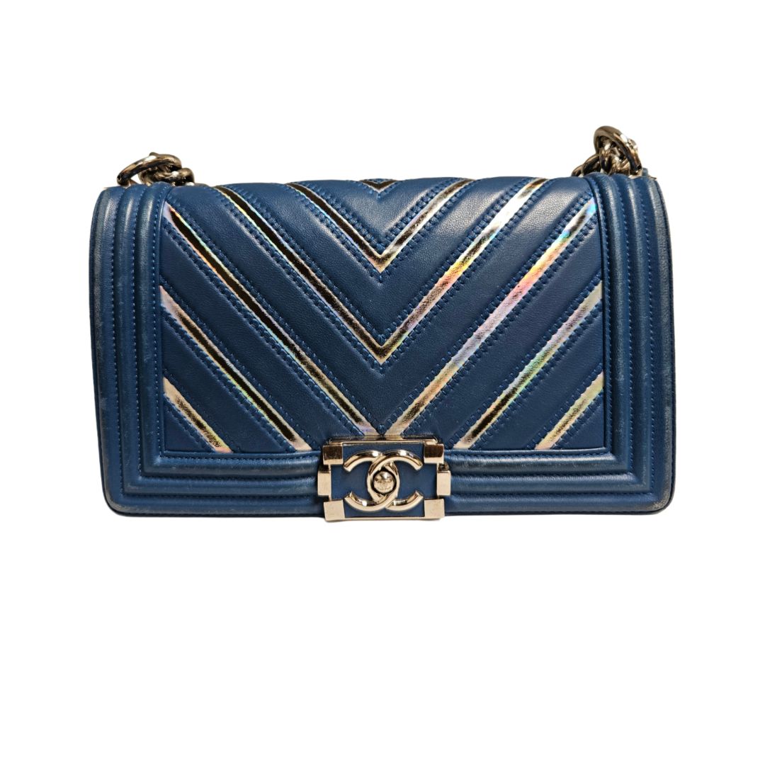 Chanel Blue Chevron PVC & Leather Medium Boy Flap Bag