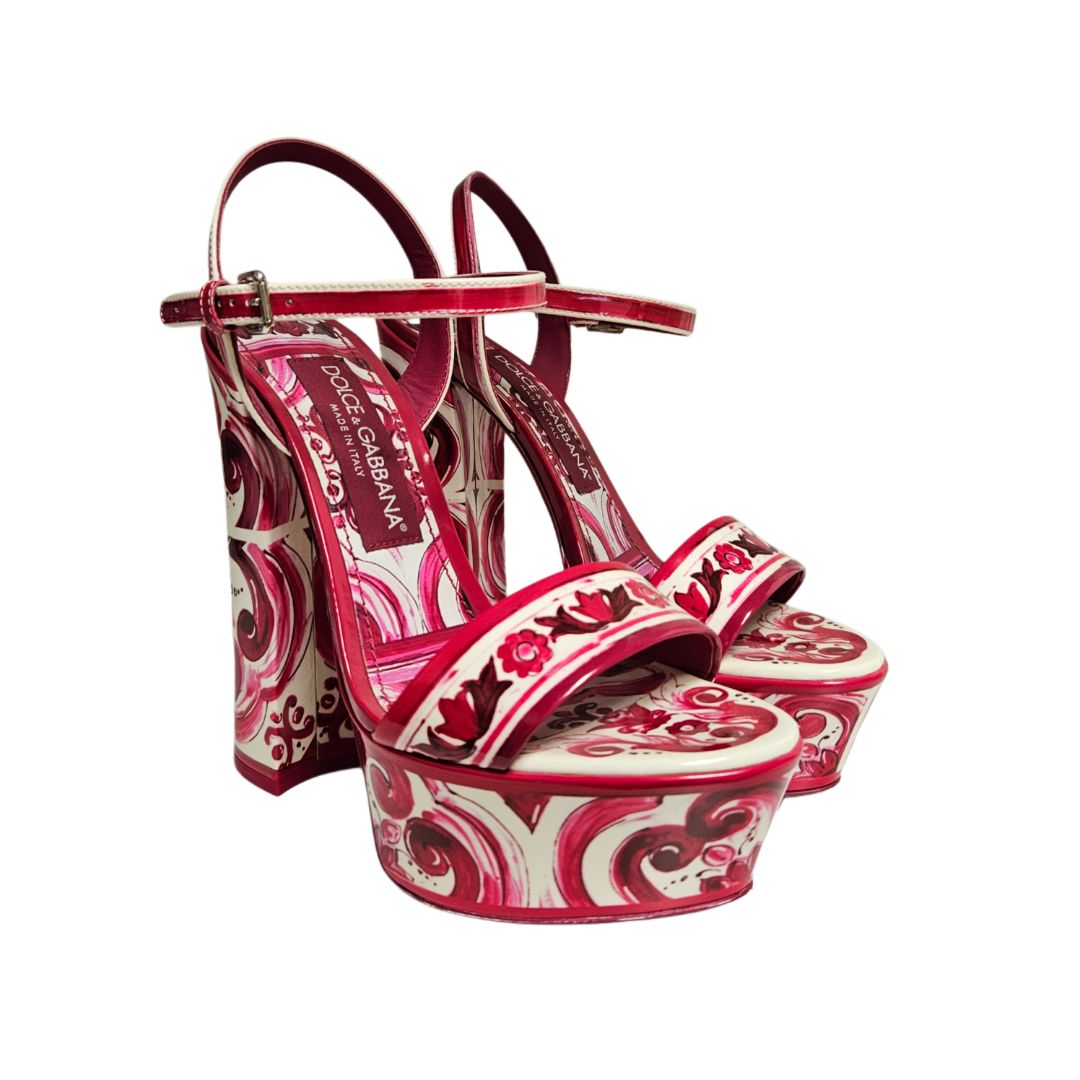 Dolce & Gabbana Pink & White Patent Leather Majolica Printed Ankle Strap Flatform Sandal, Size 37.5