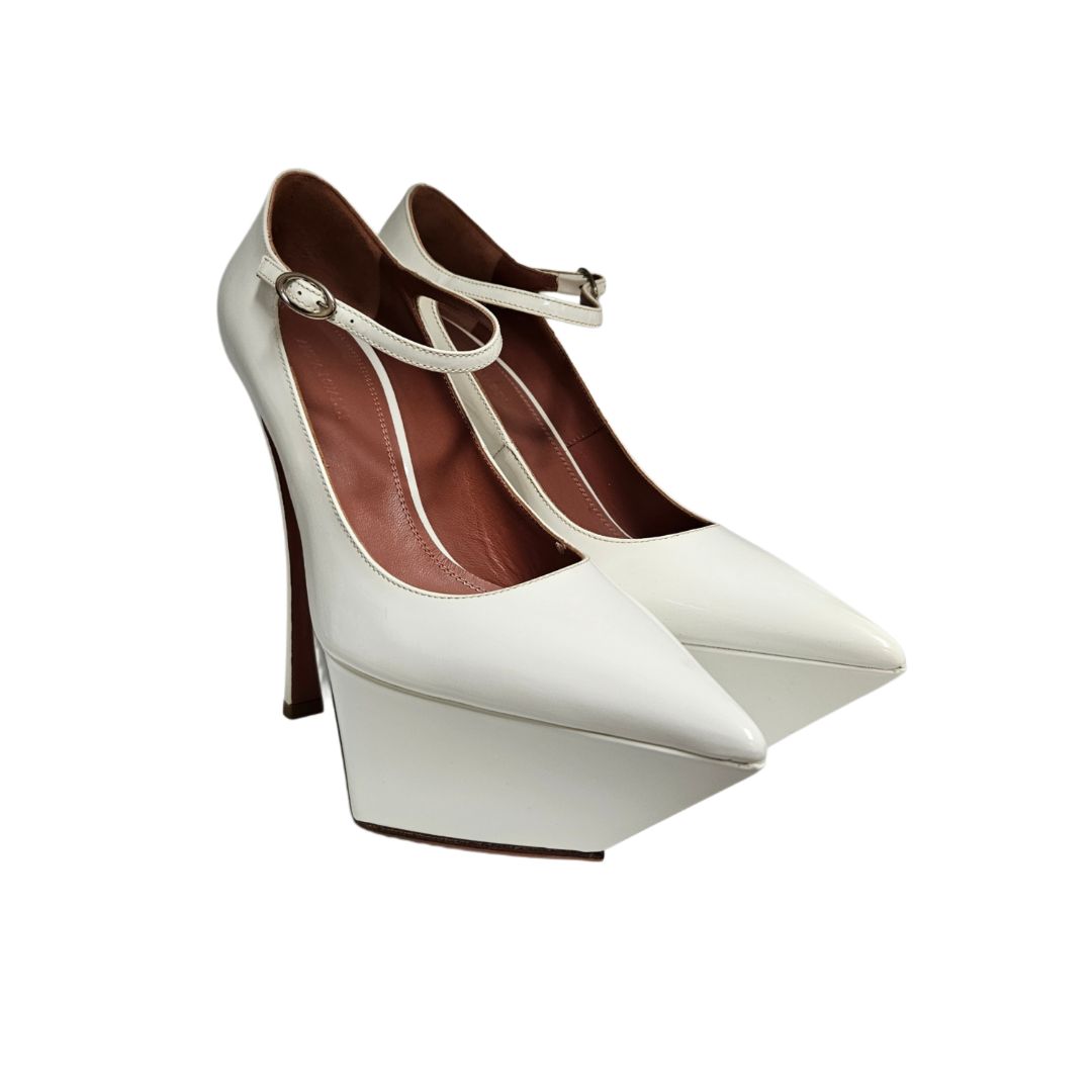 Amina Muaddi White Patent Leather Yigit Platform, Size 37
