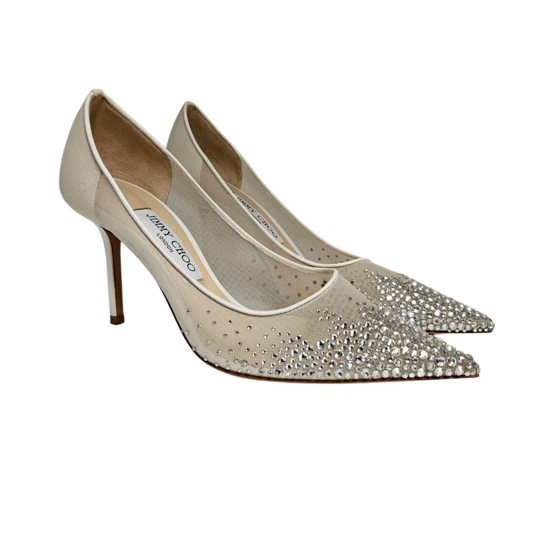 Jimmy Choo White Mesh Crystal Embellished Love 85 Pumps, Size 37