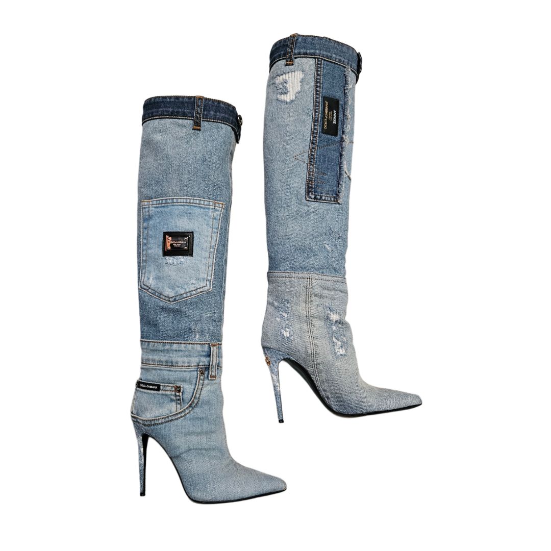 Dolce & Gabbana Denim Blue Patchwork Knee High Boots, Size 37