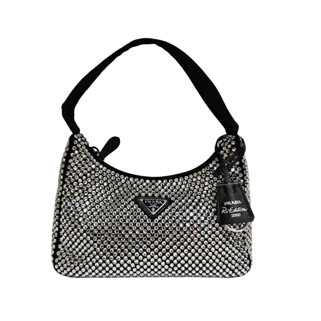 Prada Re-Edition 2000 Black Satin and Crystals Shoulder Bag