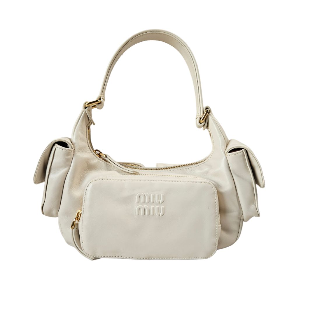 Miu Miu White Leather Logo Embossed Pocket Shoulder Bag