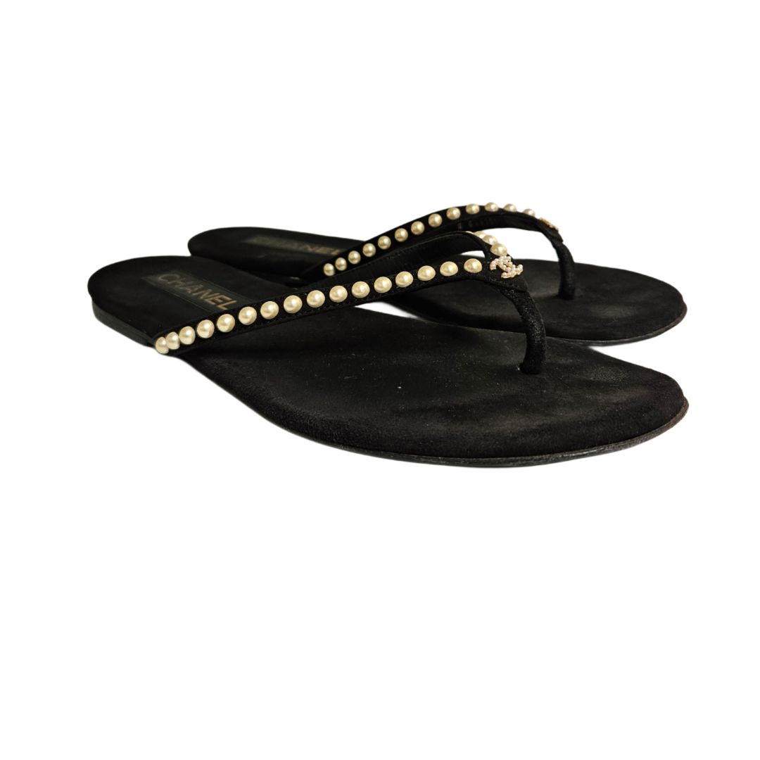 Chanel Black With Pearl Embellished Thong Sandal, Size 39.5