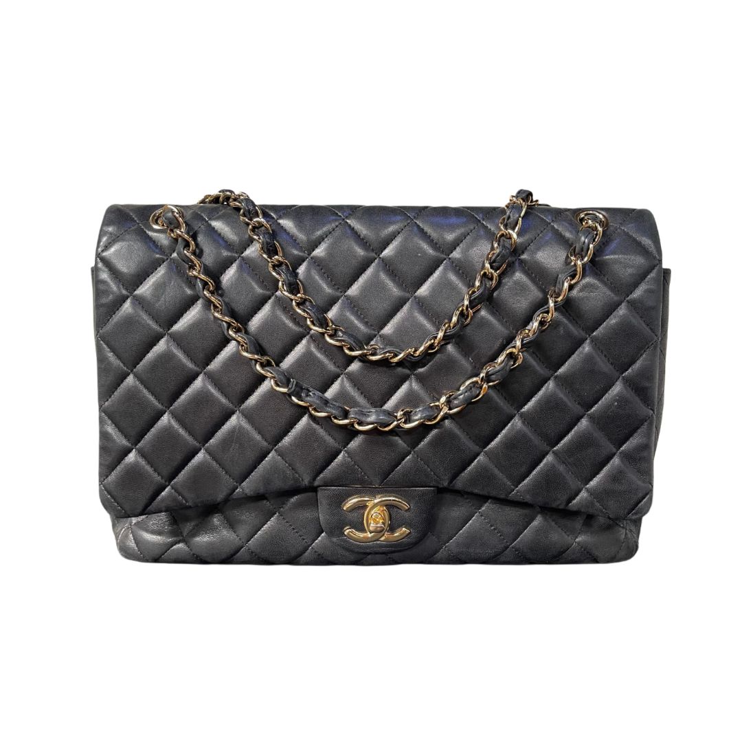 Chanel Black Lambskin Leather GHW Maxi Flap Bag