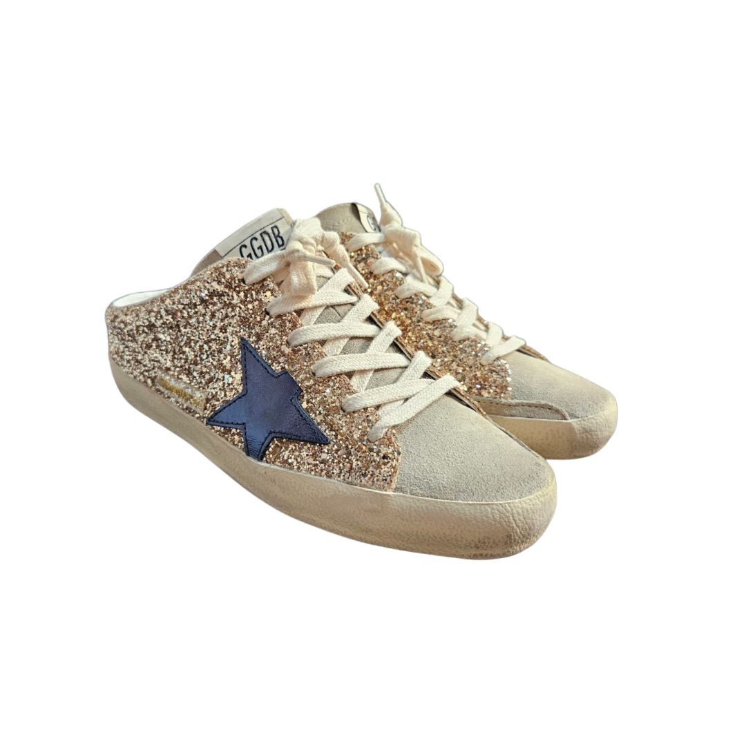 Golden Goose Super Star Gold/Grey Glittery Suede Sneaker Mules, Size 37