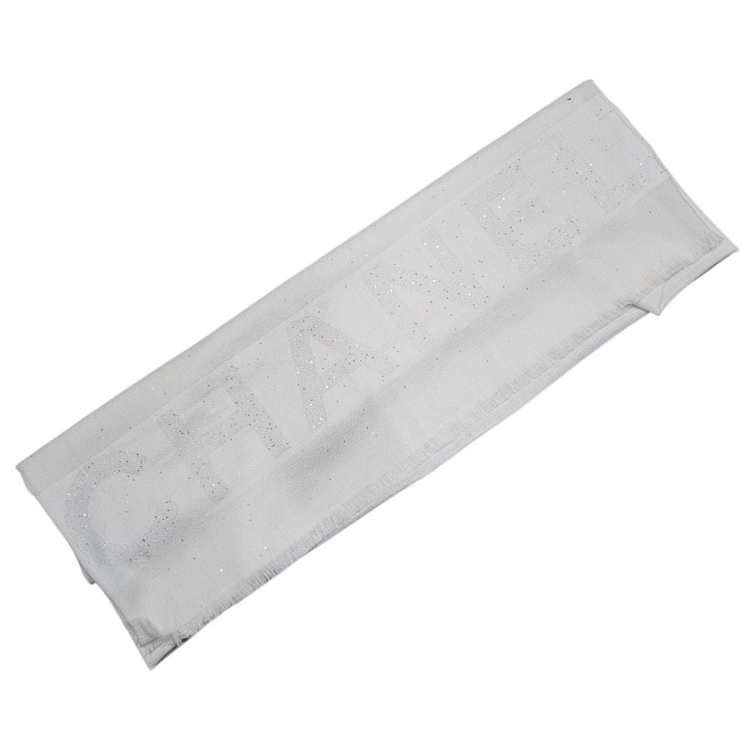 Chanel White Fringe Cashmere Logo Sequin Detail Scarf
