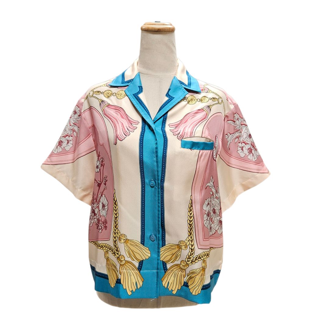Etro Printed Button-Up Silk Short-Sleeve Shirt Size 40