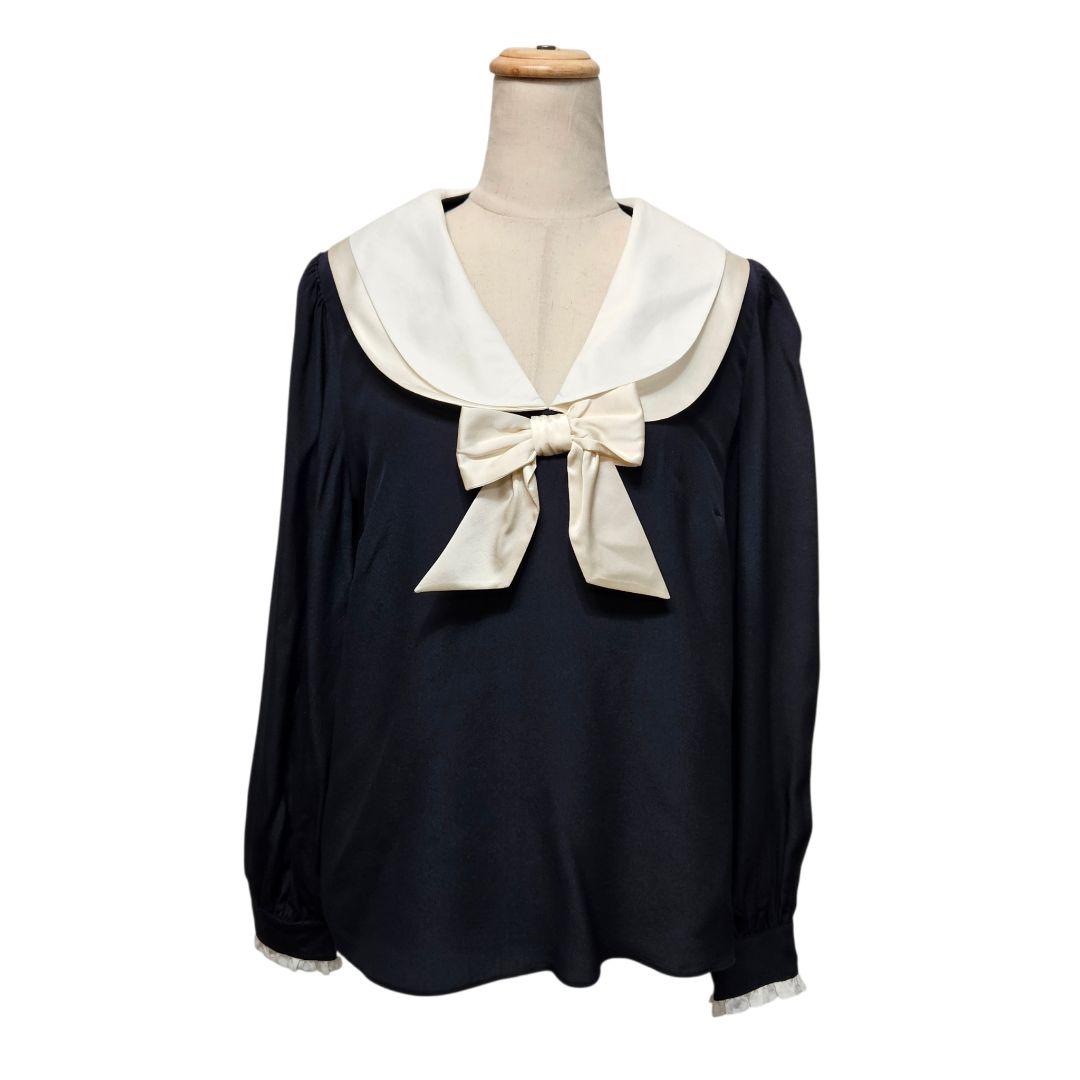 Rixo Eimer Silk Navy/Cream Bow Blouse