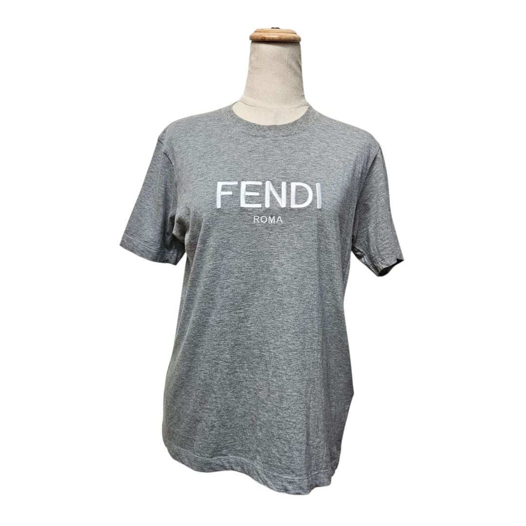 Fendi Logo-Embroidered Grey T-Shirt