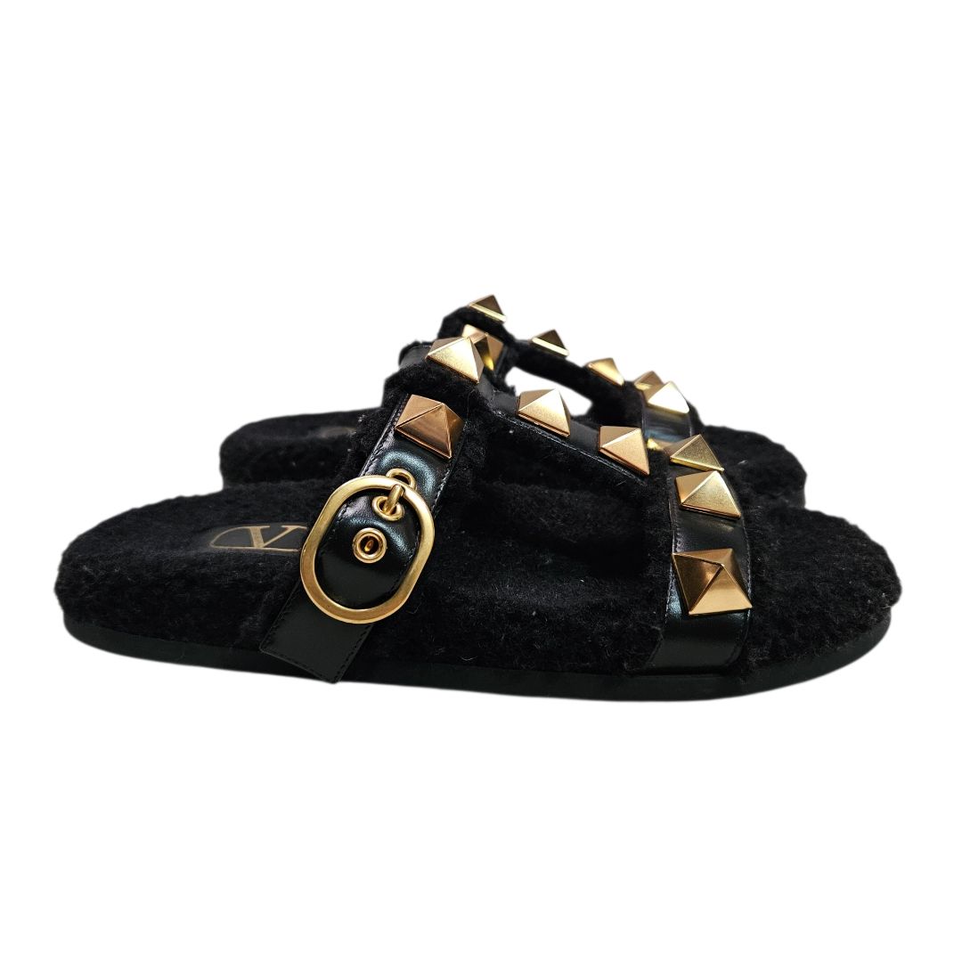 Valentino Garavani Black Roman Stud Shearling-Lined Slide Sandals, Size 38