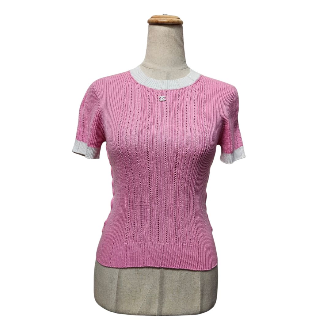 Chanel 23P Pink & White CC Ribbed Logo Shirt, Size 34