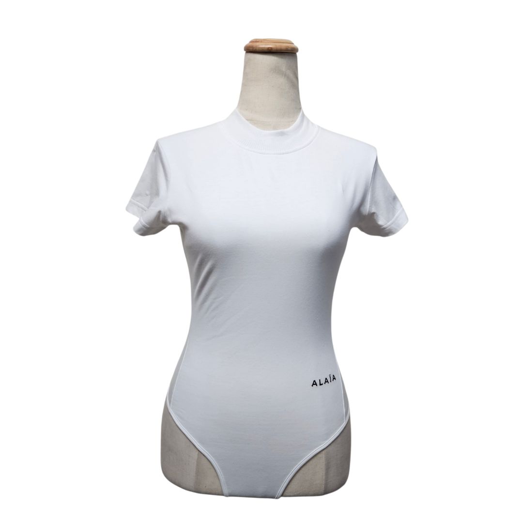 Alaia White Embroidered Logo Leotard
