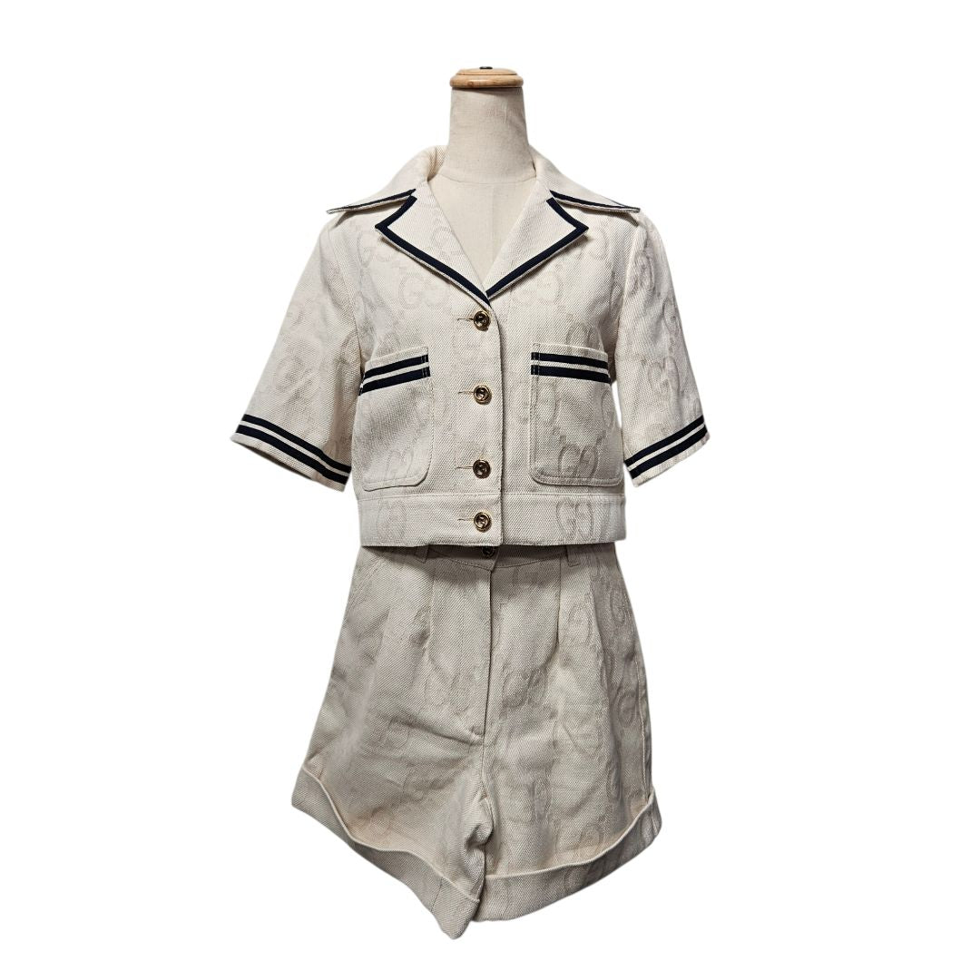 Gucci Beige Supreme Jacquard Canvas Crop Jacket and Shorts Set