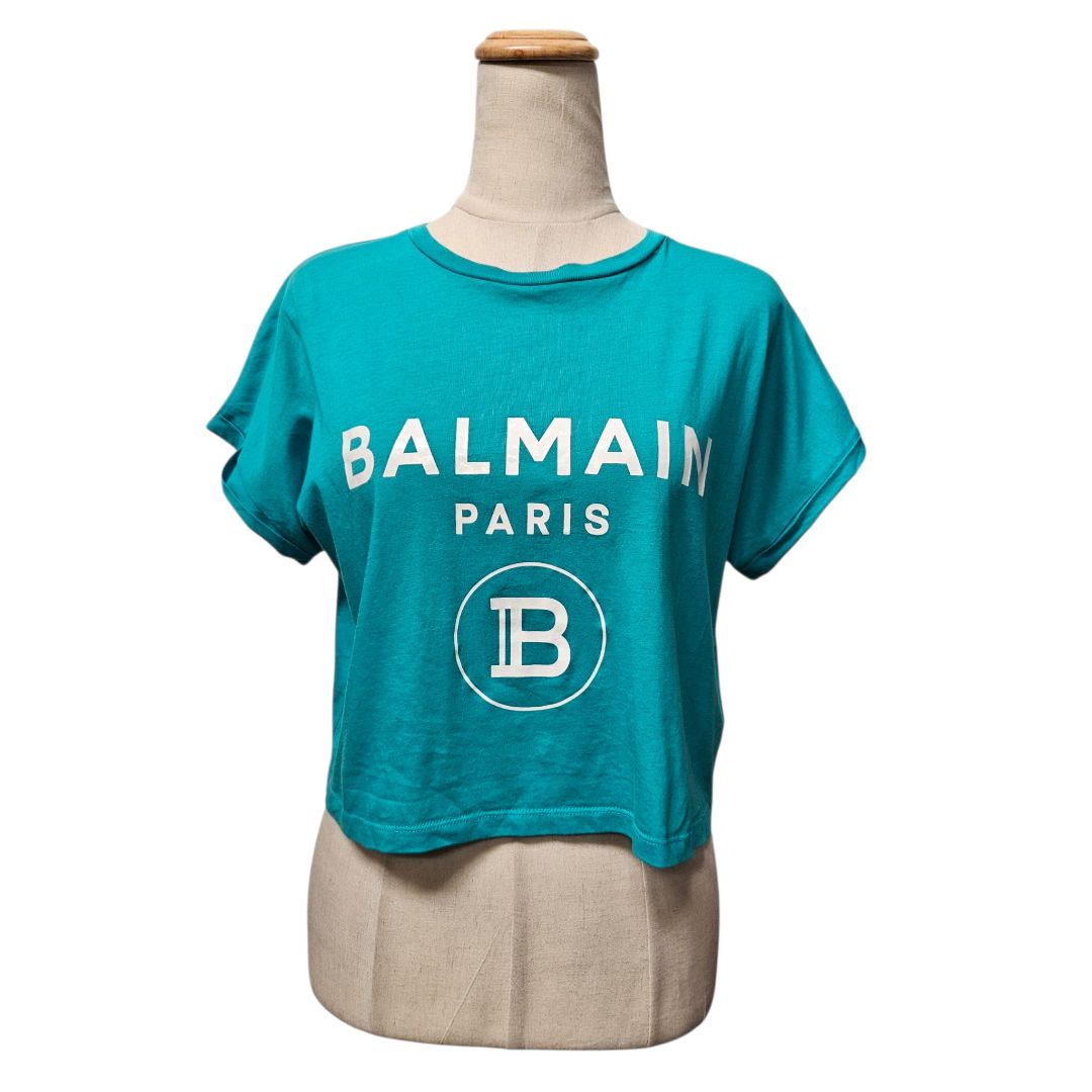 Balmain Logo Turquoise Cotton Crop Top
