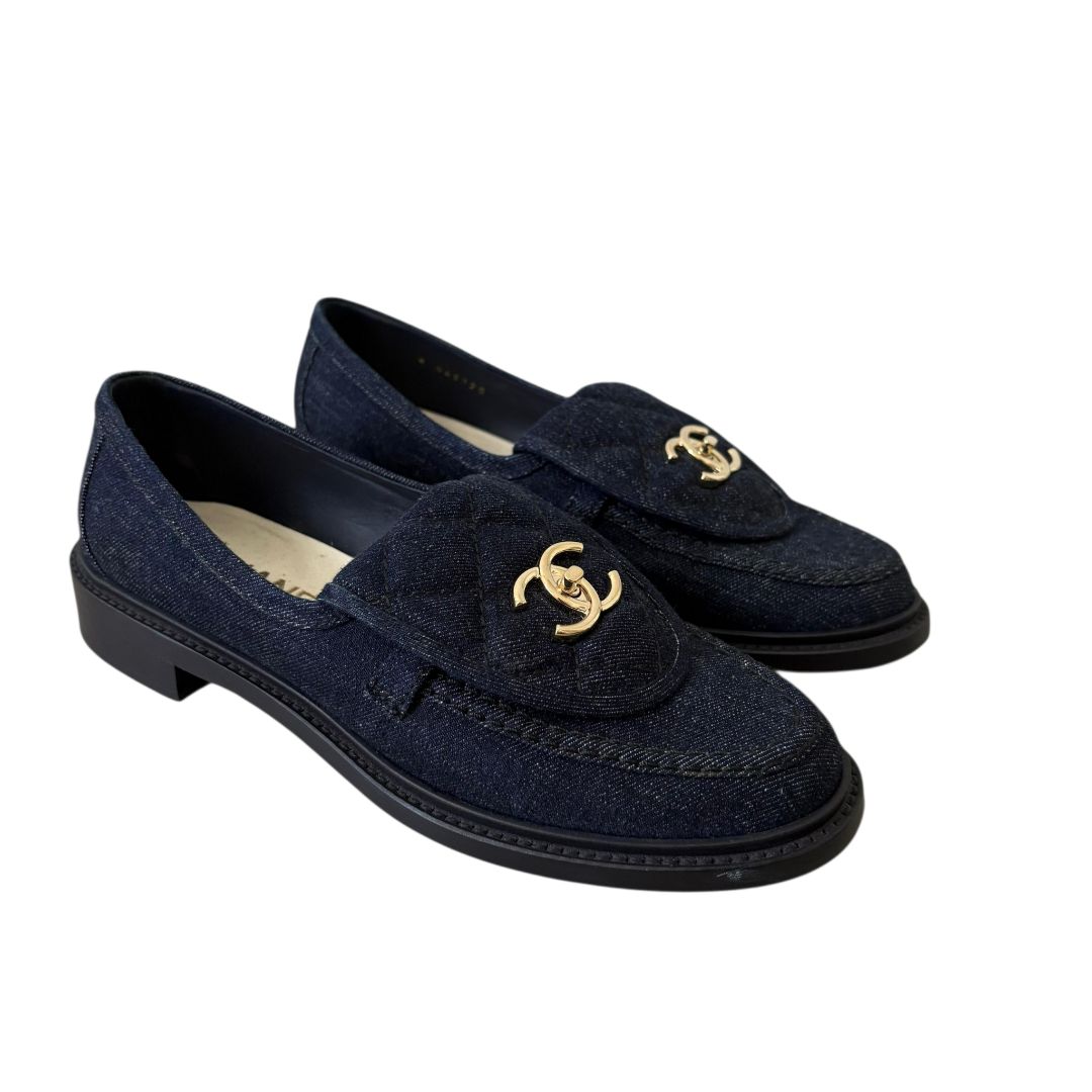 Chanel Navy Blue Denim Gold-Tone CC Hardware Loafer, Size 39