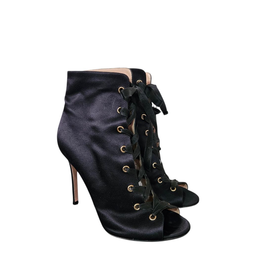Gianvito Rossi Black Satin Peep Toe Lace Up Ankle Bootie, Size 38.5
