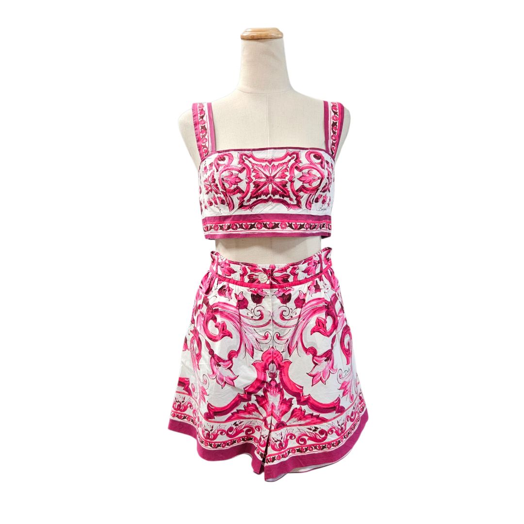 Dolce & Gabbana Majolica Print Pink White Crop Top & Short Co-ord Set