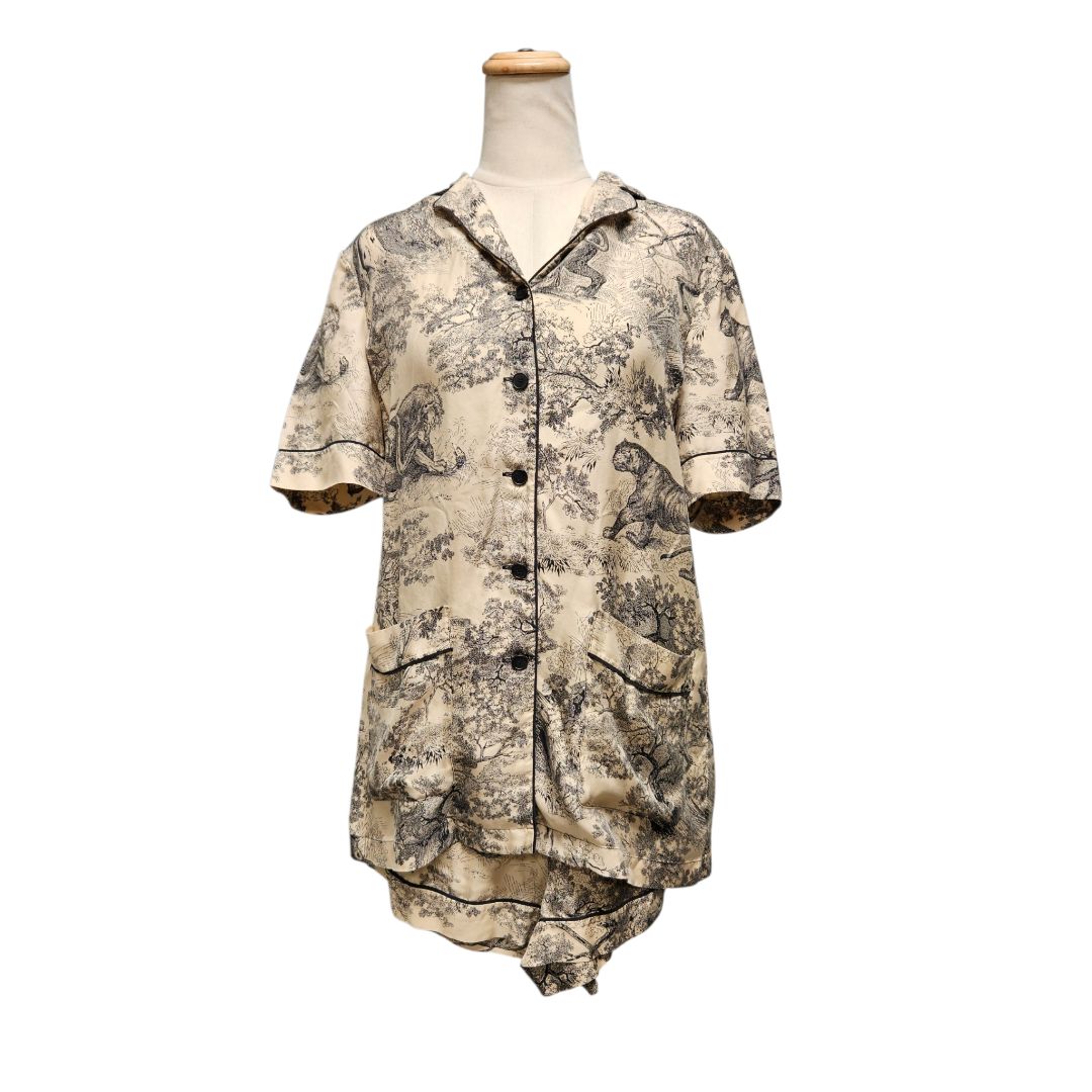 Christian Dior Toile de Jouy Sauvage Beige Silk Pajama Shirt & Short Set