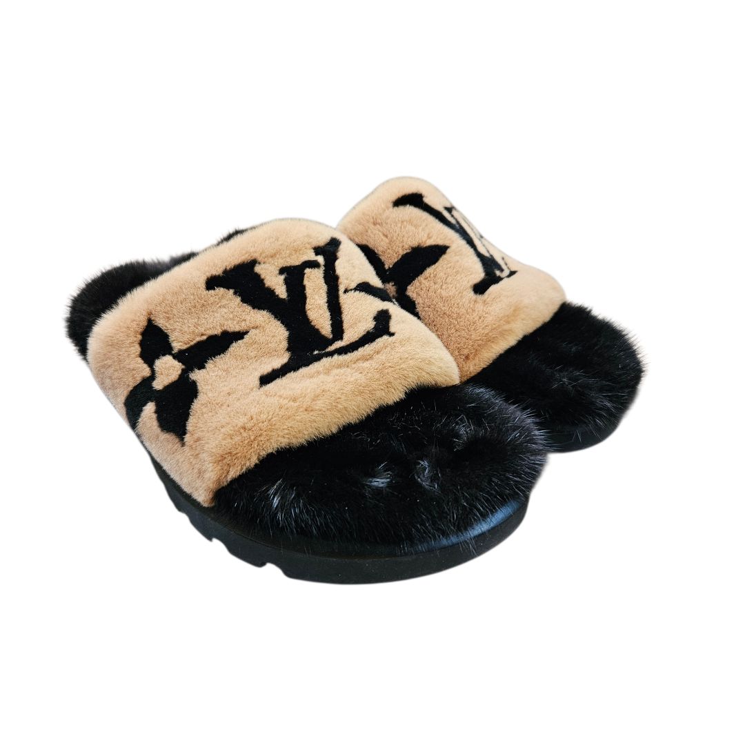 Louis Vuitton Beige& Black Mink Fur Lock It Flat Mule Slides, Size 36
