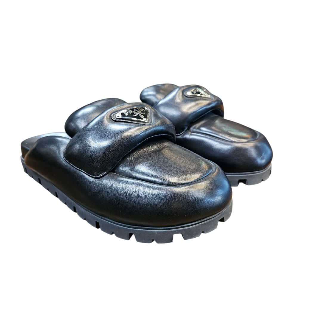 Prada Black Padded Nappa Leather Slides, Size 37.5