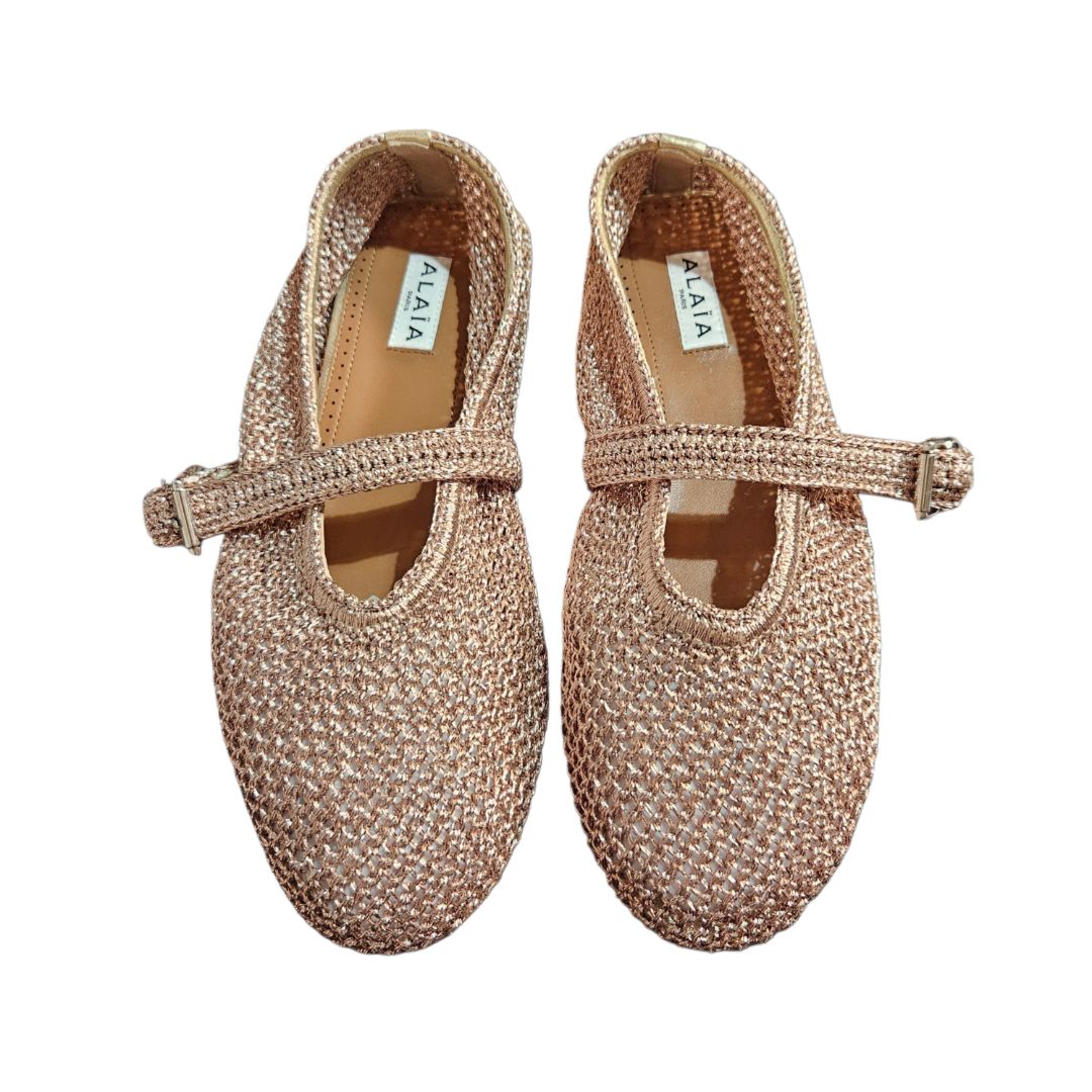 Alaia Rose Gold Knitted Lurex Ballet Flat, Size 38