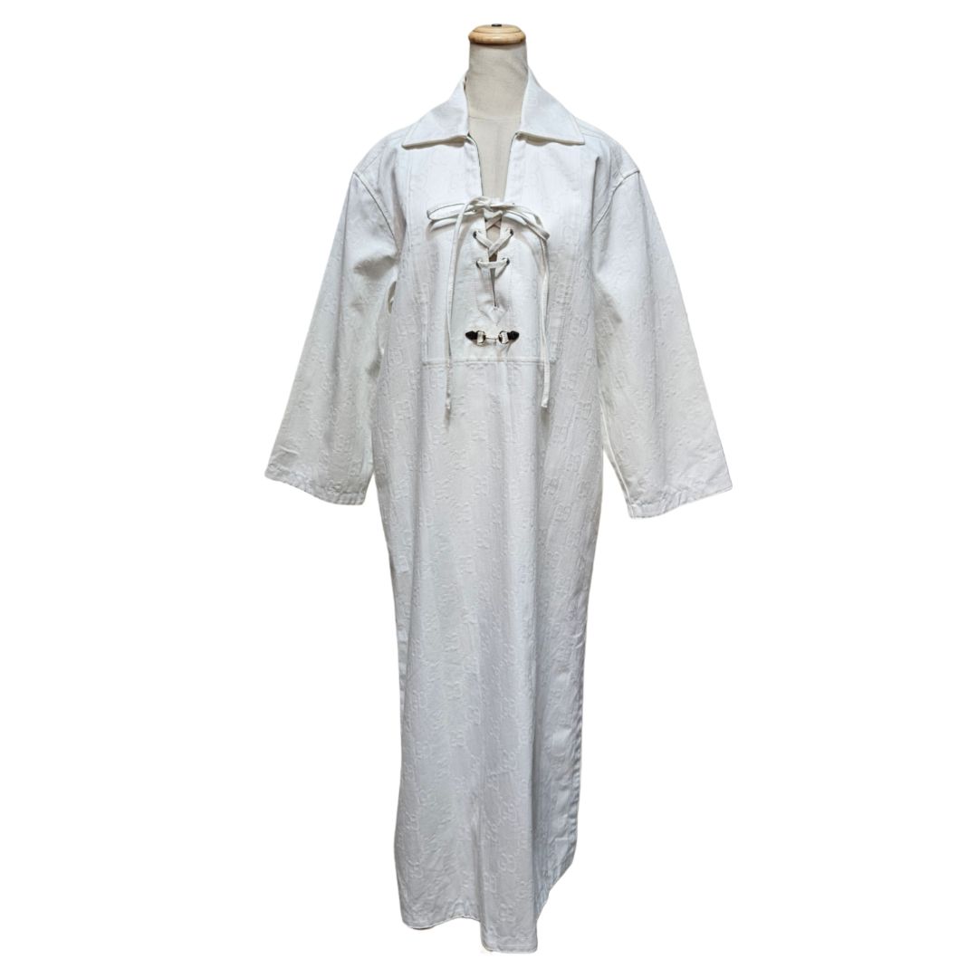 Gucci White GG Cotton Jacquard Horsebit Maxi Dress Size 38