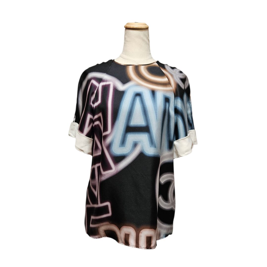 Chanel Spring 2021 Black Multi Neon Print Top