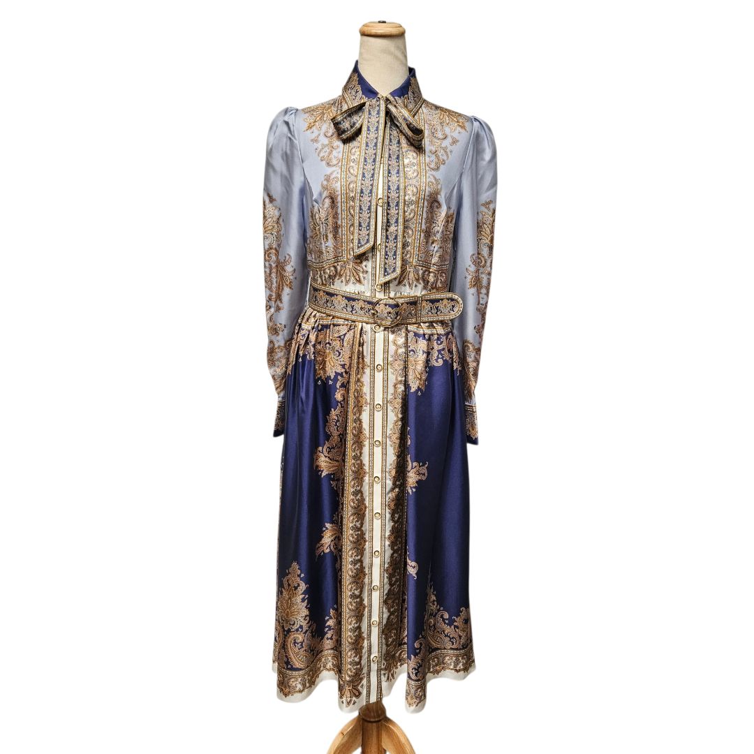 Zimmermann Tri-Colour Luminous Scarf Print Belted Midi Dress, Size 2