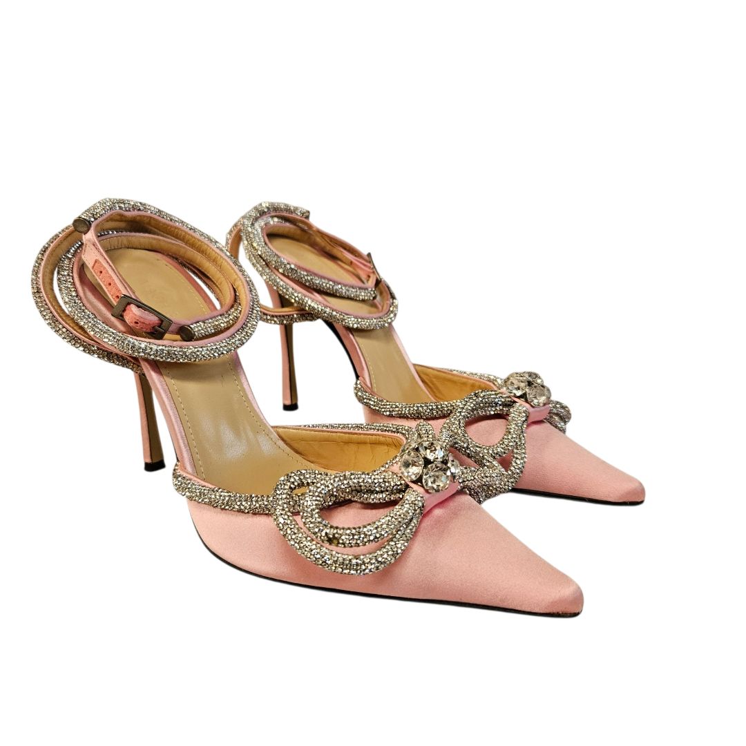 Mach & Mach Pink Satin Crystal Embellished Double Bow Pumps, Size 37.5