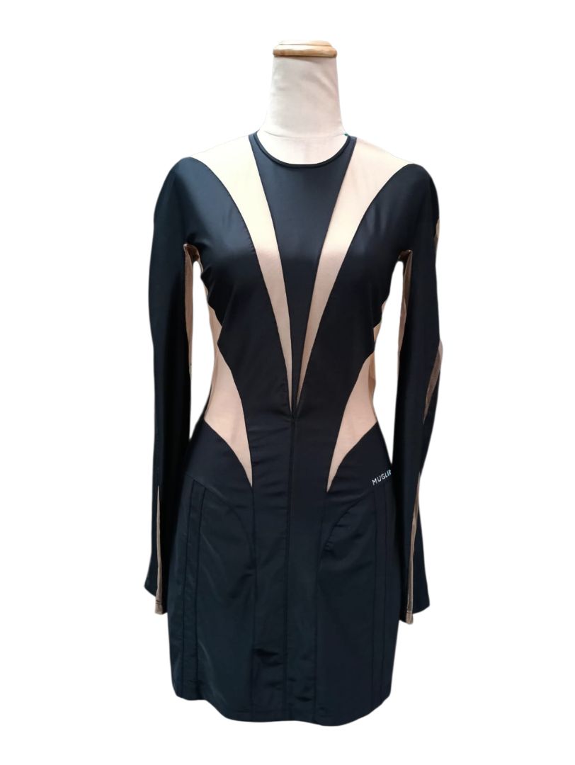 Mugler Black/Nude Body Shaping Illusion Long Sleeve Mini Dress