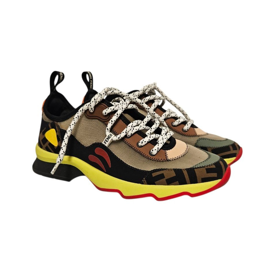 Fendi Tobacco Zucca Technical Fabric Mesh Colorblock Lace-Up Sneaker, size 38