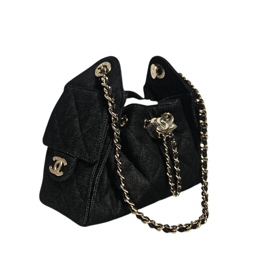 Chanel 25 Mini Dark Denim Drawstring Hobo Bag Navy Quilted Denim