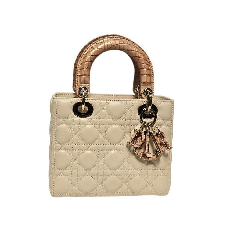 Christian Dior Small Cream Cannage Lambskin Blush Pink Crocodile Handle Lady Dior Bag