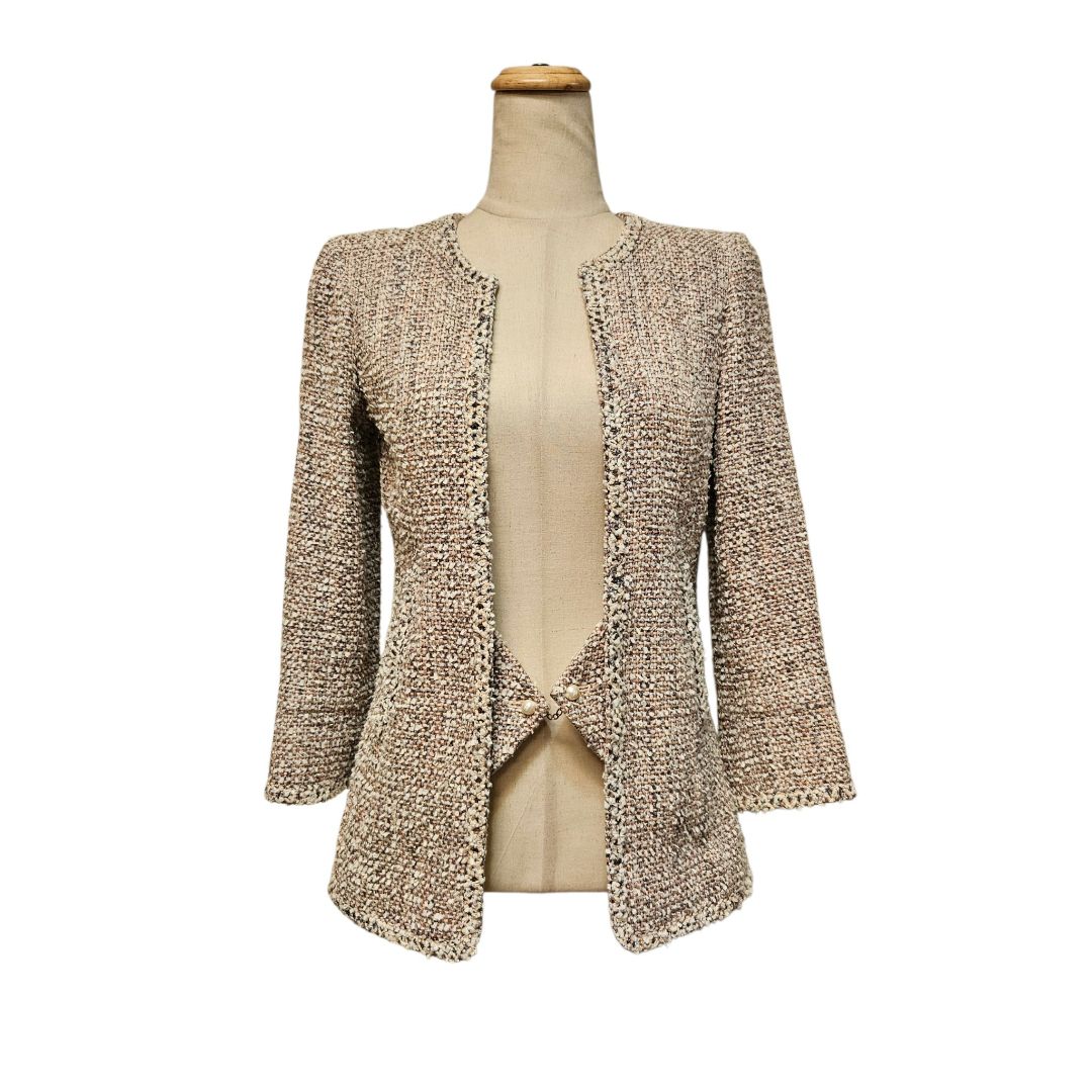 Chanel 2003 Tweed Pearl Jacket Pink White Multi Boucle, size FR36